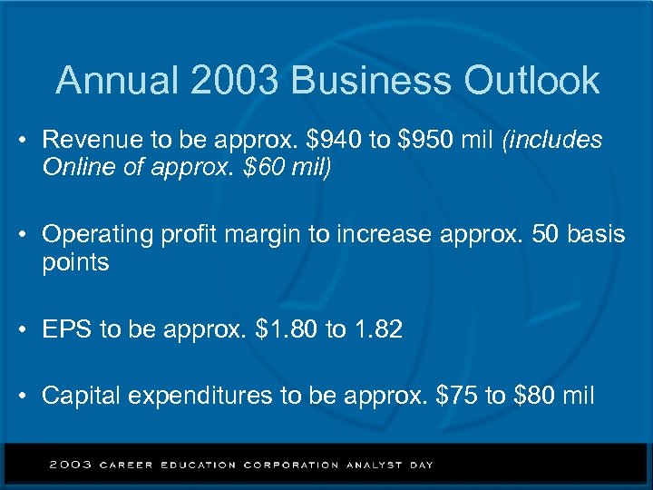 Annual 2003 Business Outlook • Revenue to be approx. $940 to $950 mil (includes