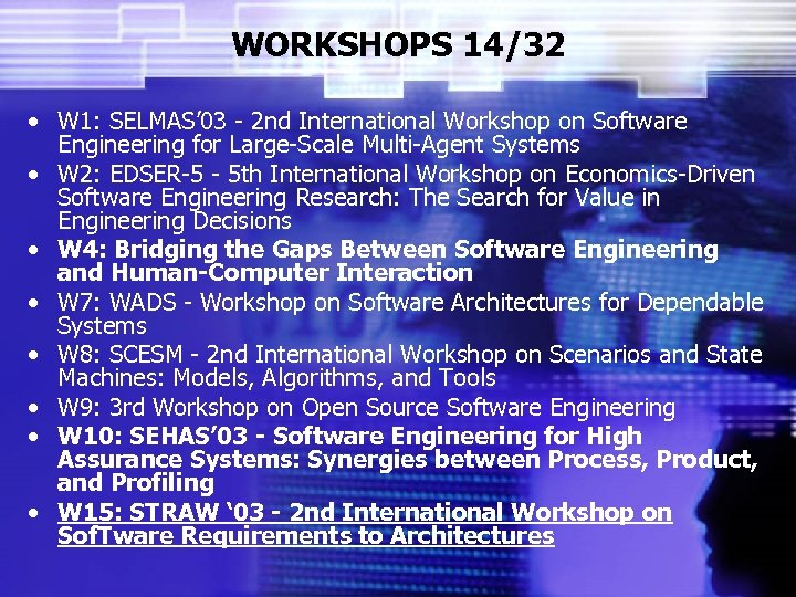 WORKSHOPS 14/32 • W 1: SELMAS’ 03 - 2 nd International Workshop on Software