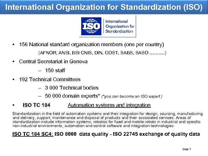 International Organization for Standardization (ISO) • 156 National standard organization members (one per country)