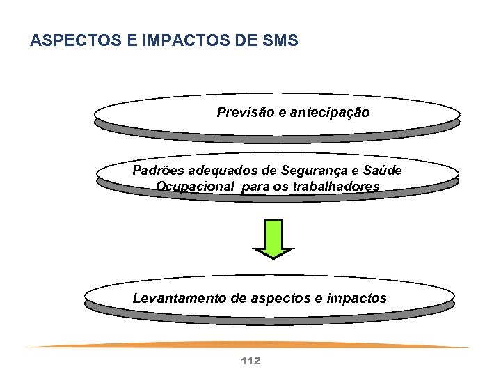 ASPECTOS E IMPACTOS DE SMS Previsão e antecipação Padrões adequados de Segurança e Saúde