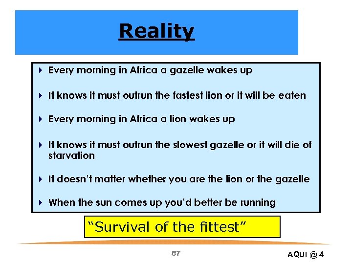 Reality 4 Every morning in Africa a gazelle wakes up 4 It knows it
