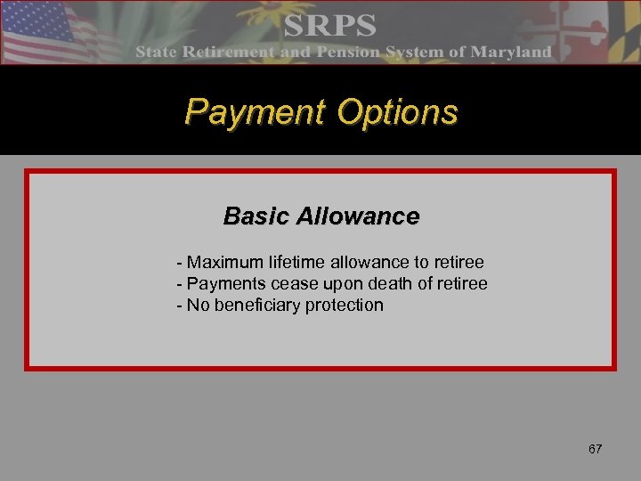 Payment Options Basic Allowance - Maximum lifetime allowance to retiree - Payments cease upon