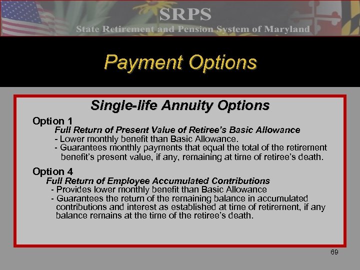 Payment Options Single-life Annuity Options Option 1 Full Return of Present Value of Retiree’s