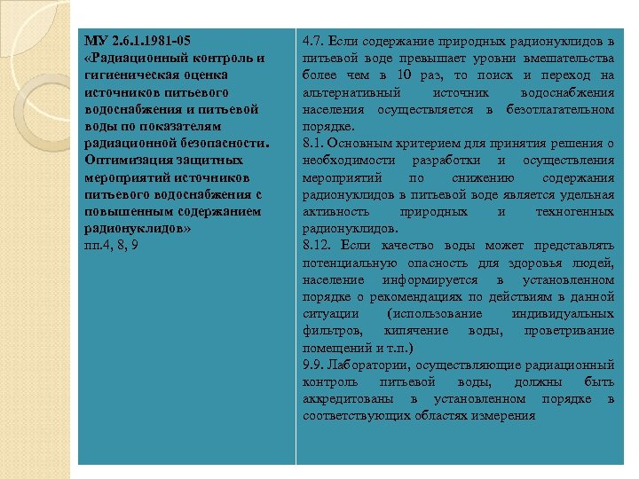 МУ 2. 6. 1. 1981 -05 «Радиационный контроль и гигиеническая оценка источников питьевого водоснабжения