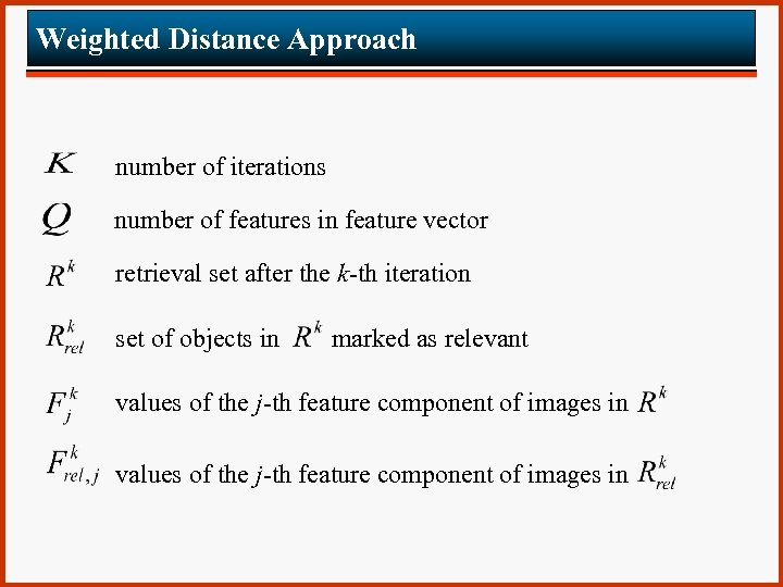 Weighted Distance Approach number of iterations number of features in feature vector retrieval set