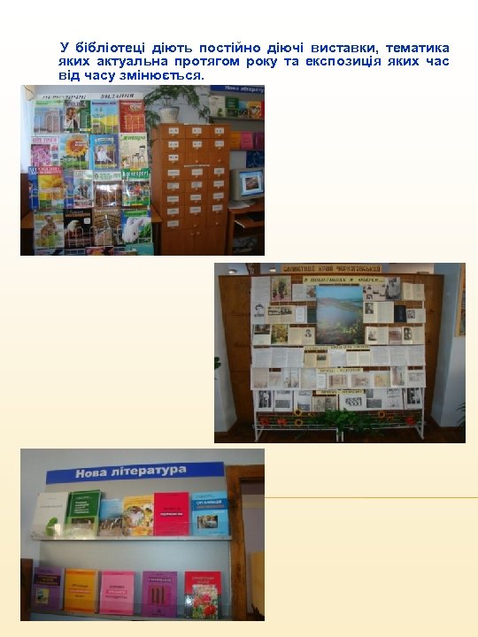 У бібліотеці діють постійно діючі виставки, тематика яких актуальна протягом року та експозиція яких
