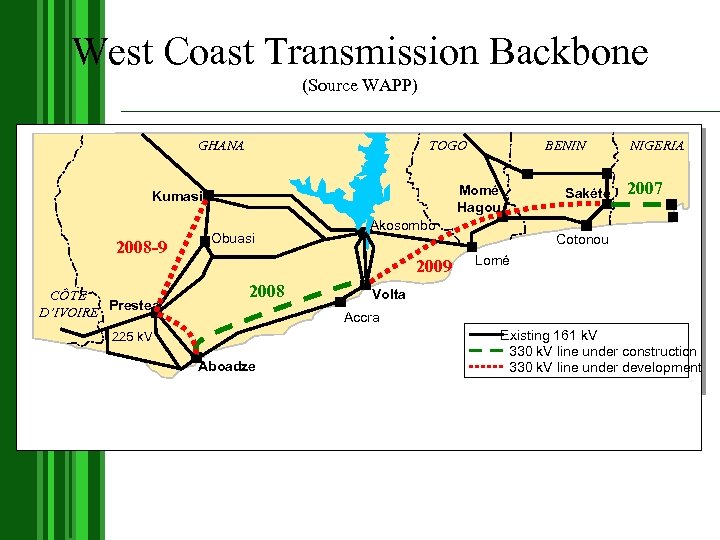 West Coast Transmission Backbone (Source WAPP) GHANA TOGO Momé Hagou Hague Kumasi Obuasi 2008