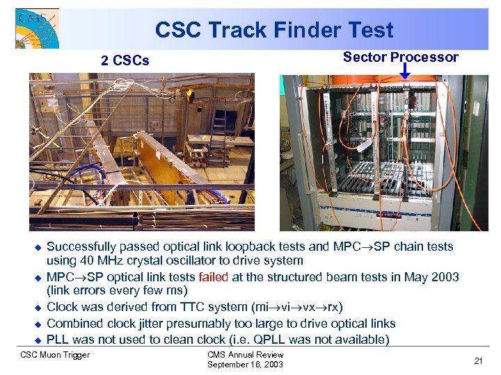CSC Track Finder Test Sector Processor 2 CSCs u u u Successfully passed optical