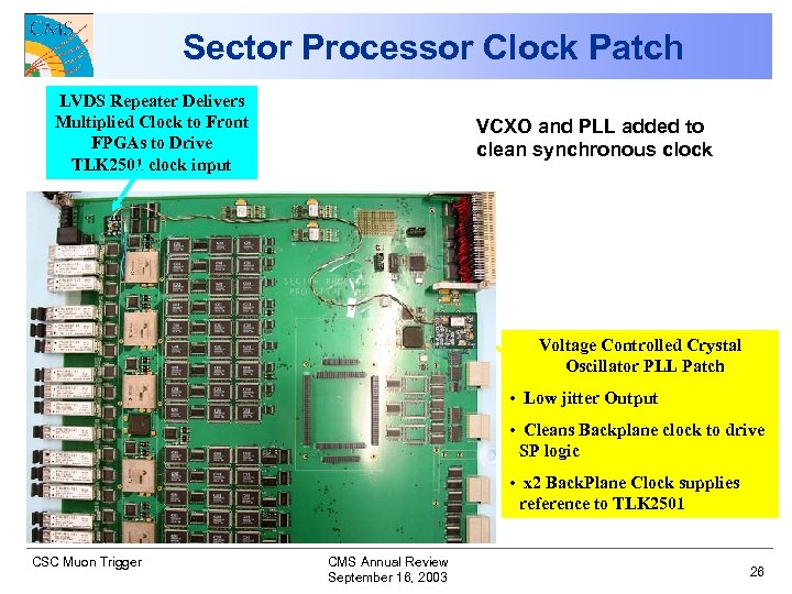 Sector Processor Clock Patch LVDS Repeater Delivers Multiplied Clock to Front FPGAs to Drive