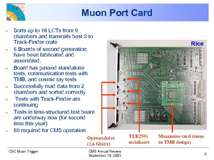 Muon Port Card n n n n Sorts up to 18 LCTs from 9