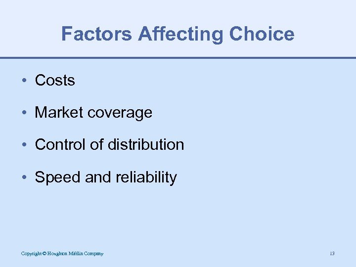 Factors Affecting Choice • Costs • Market coverage • Control of distribution • Speed