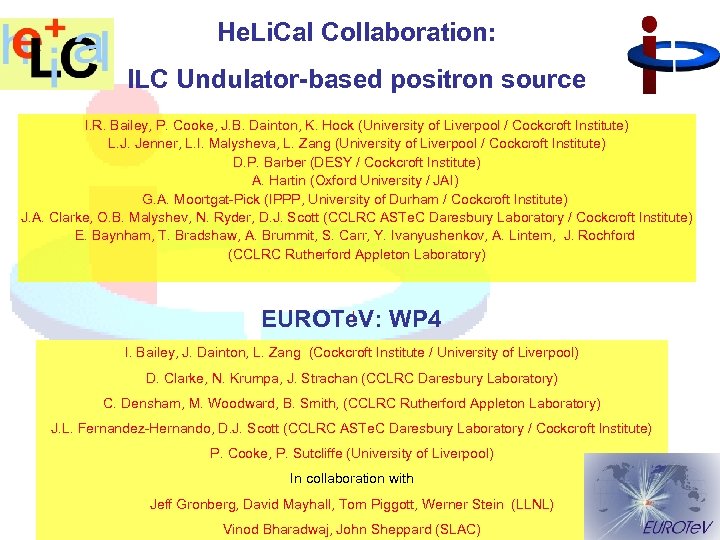 I He. Li. Cal Collaboration: ILC Undulator-based positron source I. R. Bailey, P. Cooke,