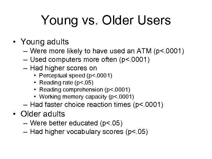 Young vs. Older Users • Young adults – Were more likely to have used