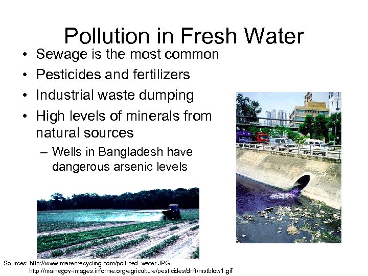  • • Pollution in Fresh Water Sewage is the most common Pesticides and