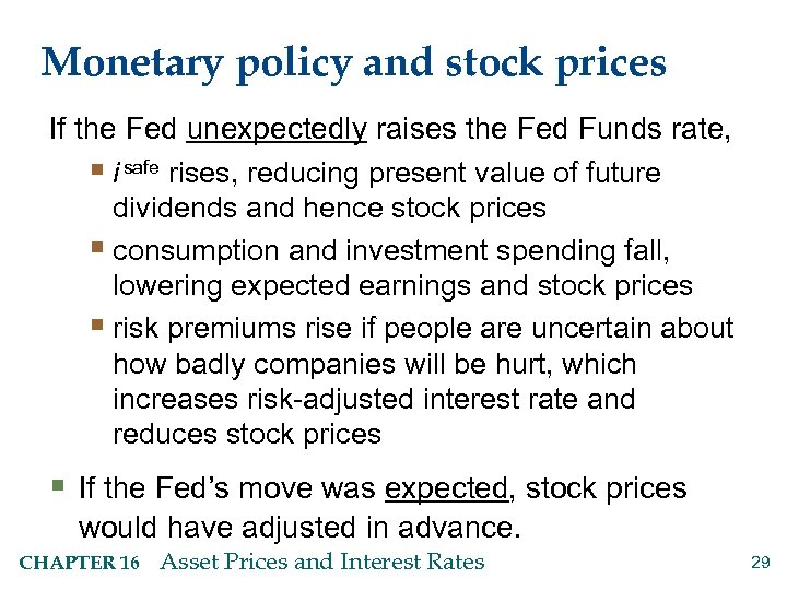 Monetary policy and stock prices If the Fed unexpectedly raises the Fed Funds rate,