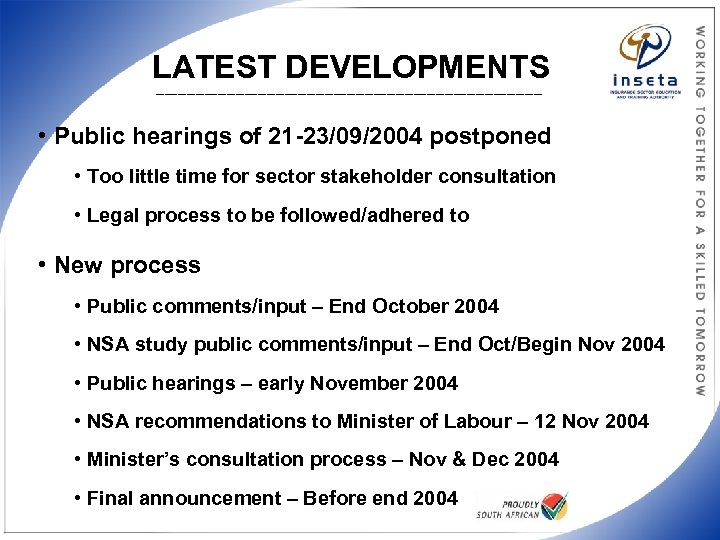 LATEST DEVELOPMENTS ____________________________________________ • Public hearings of 21 -23/09/2004 postponed • Too little time