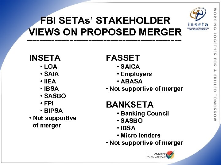 FBI SETAs’ STAKEHOLDER VIEWS ON PROPOSED MERGER _________________________________________________________ INSETA FASSET • LOA • SAIA