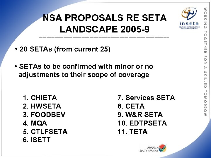 NSA PROPOSALS RE SETA LANDSCAPE 2005 -9 __________________________________________________ • 20 SETAs (from current 25)