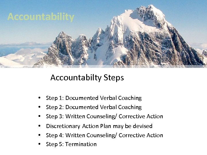 Accountability Accountabilty Steps • Step 1: Documented Verbal Coaching • Step 2: Documented Verbal
