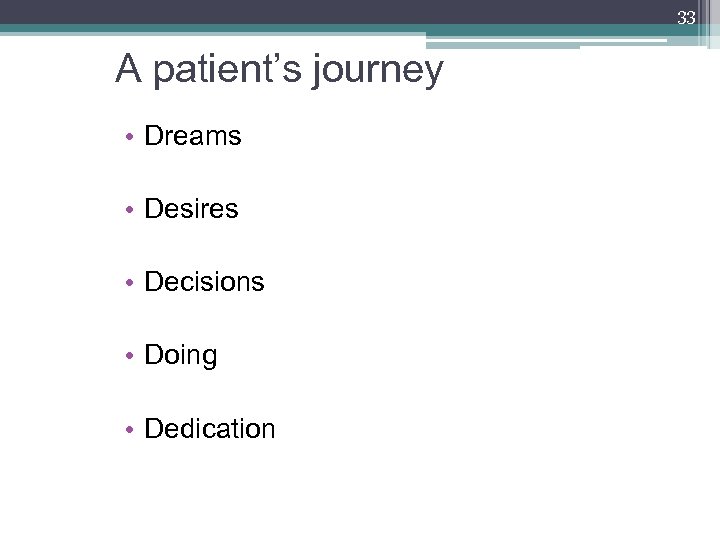 33 A patient’s journey • Dreams • Desires • Decisions • Doing • Dedication