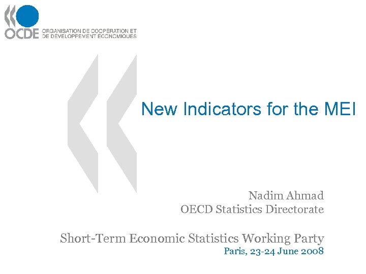 New Indicators for the MEI Nadim Ahmad OECD Statistics Directorate Short-Term Economic Statistics Working