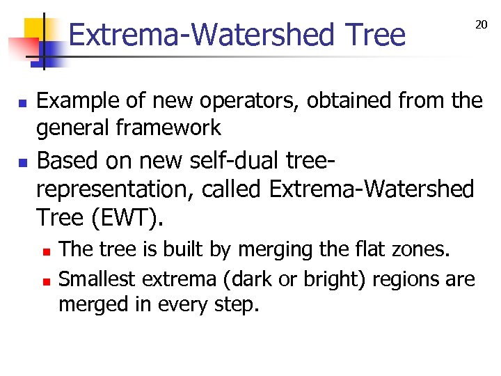 Extrema-Watershed Tree n n 20 Example of new operators, obtained from the general framework