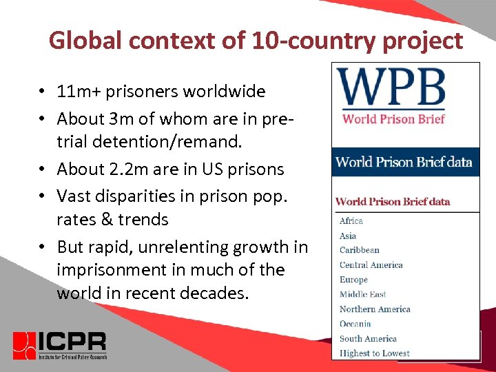 Global context of 10 -country project • 11 m+ prisoners worldwide • About 3