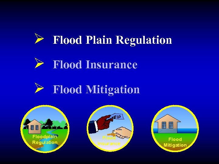 Ø Flood Plain Regulation Ø Flood Insurance Ø Flood Mitigation NFIP Floodplain Regulation Flood