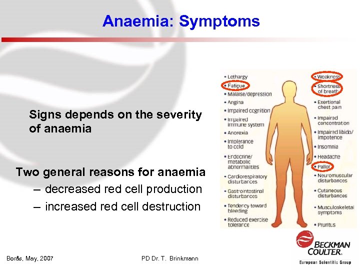 Anaemia: Symptoms Signs depends on the severity of anaemia Two general reasons for anaemia