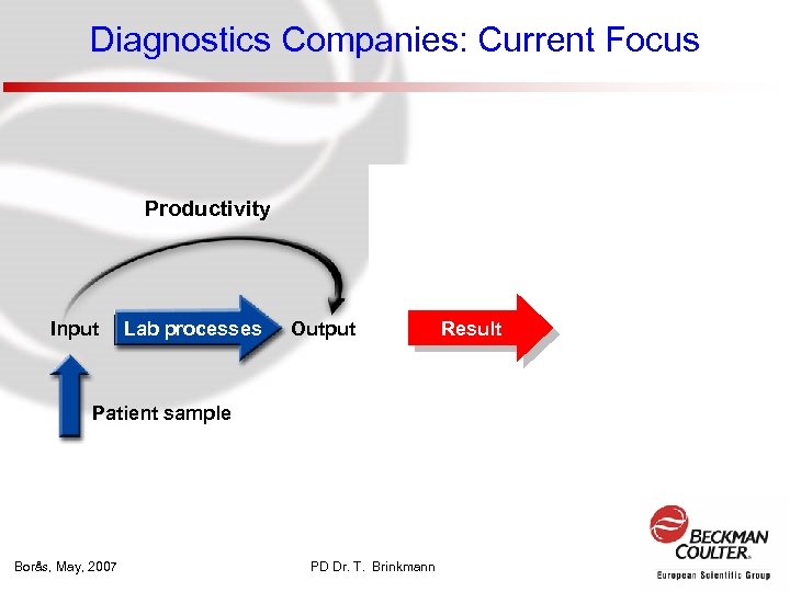 Diagnostics Companies: Current Focus Productivity Input Lab processes Output Result Patient sample Borås, May,