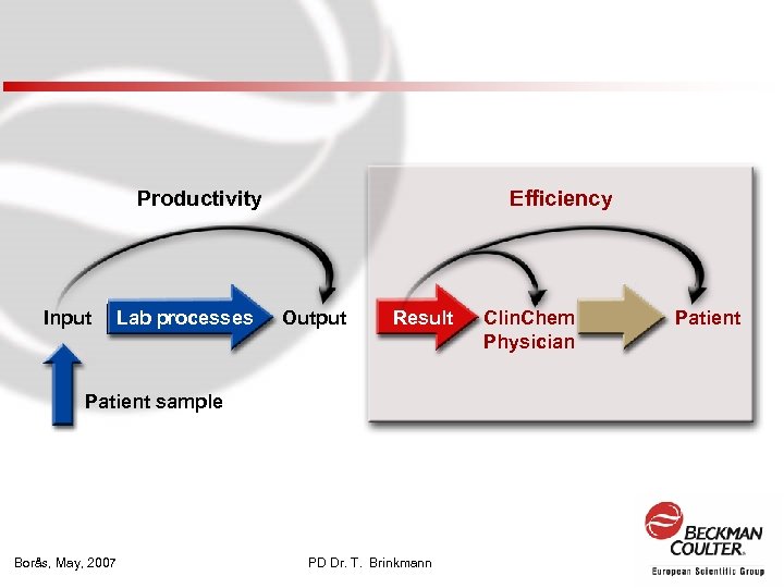 Productivity Input Lab processes Efficiency Output Result Patient sample Borås, May, 2007 PD Dr.