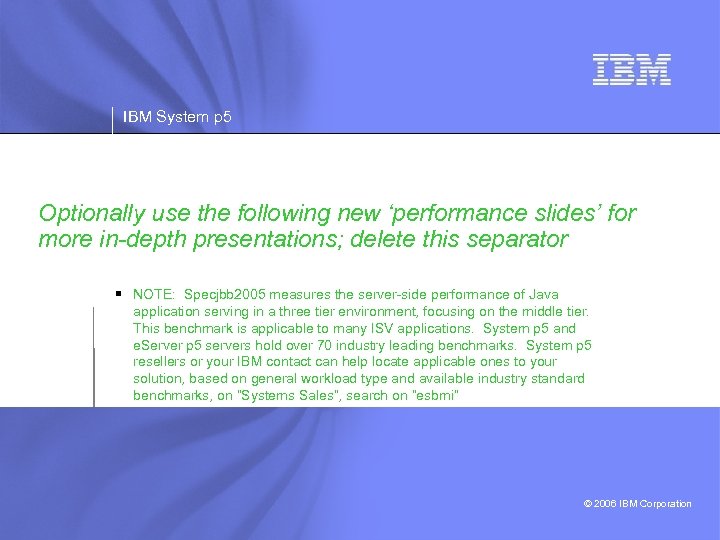 IBM System p 5 Optionally use the following new ‘performance slides’ for more in-depth