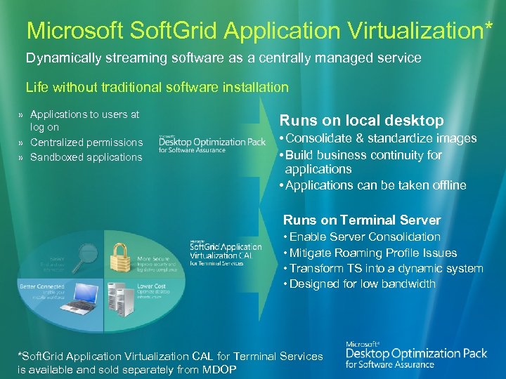 Microsoft Soft. Grid Application Virtualization* Dynamically streaming software as a centrally managed service Life