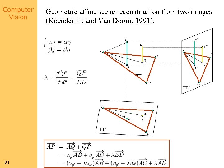 Computer Vision 21 Geometric affine scene reconstruction from two images (Koenderink and Van Doorn,