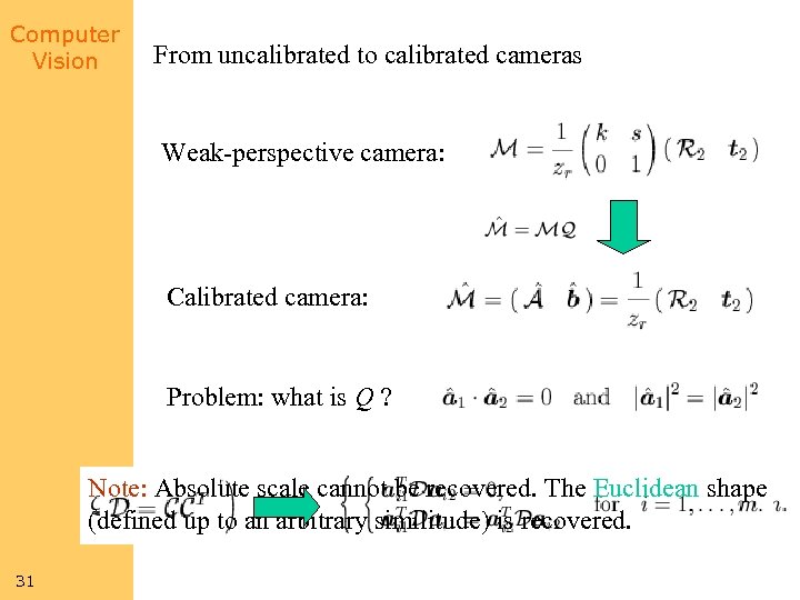 Computer Vision From uncalibrated to calibrated cameras Weak-perspective camera: Calibrated camera: Problem: what is