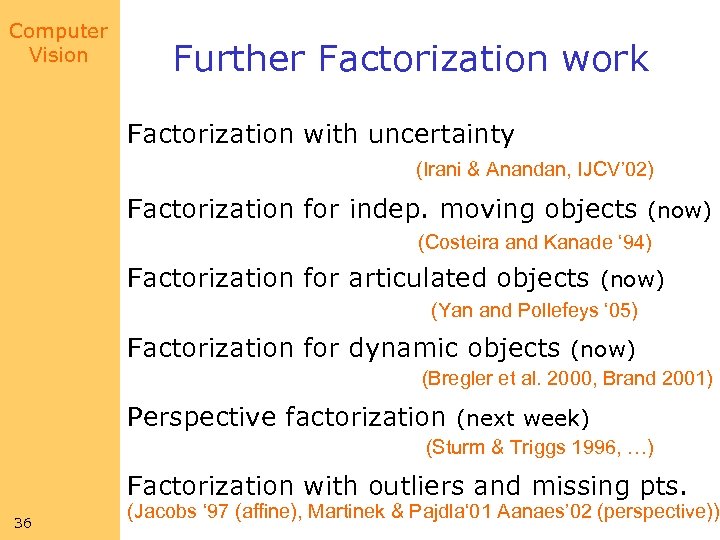 Computer Vision Further Factorization work Factorization with uncertainty (Irani & Anandan, IJCV’ 02) Factorization