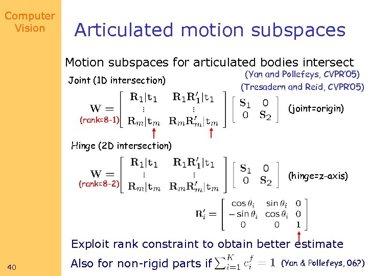 Computer Vision Articulated motion subspaces Motion subspaces for articulated bodies intersect Joint (1 D