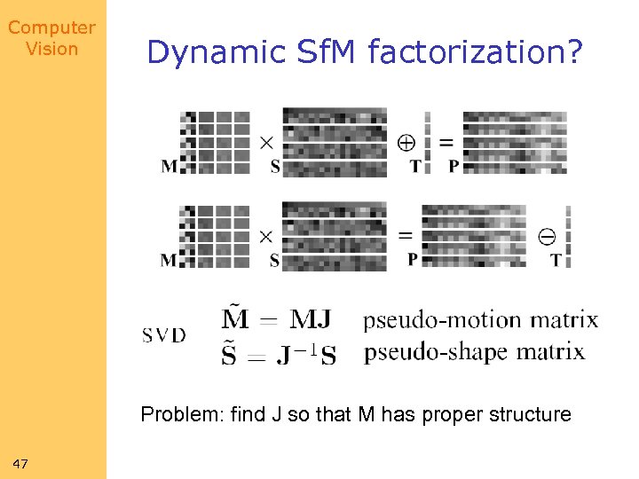 Computer Vision Dynamic Sf. M factorization? Problem: find J so that M has proper