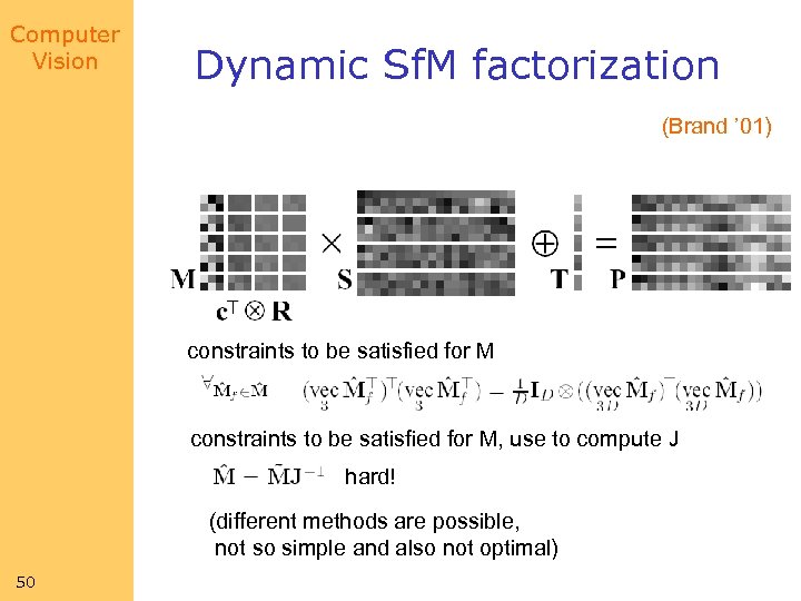 Computer Vision Dynamic Sf. M factorization (Brand ’ 01) constraints to be satisfied for