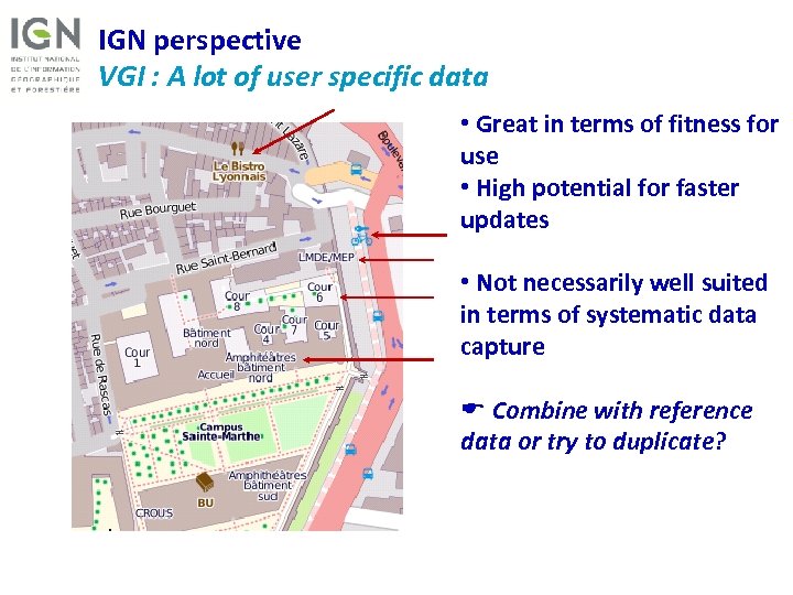 IGN perspective VGI : A lot of user specific data • Great in terms
