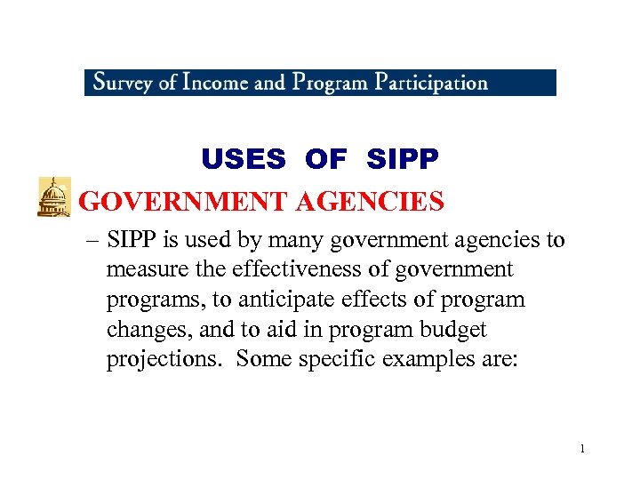 USES OF SIPP • GOVERNMENT AGENCIES – SIPP is used by many government agencies