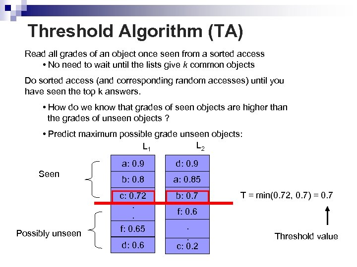 Threshold Algorithm (TA) Read all grades of an object once seen from a sorted