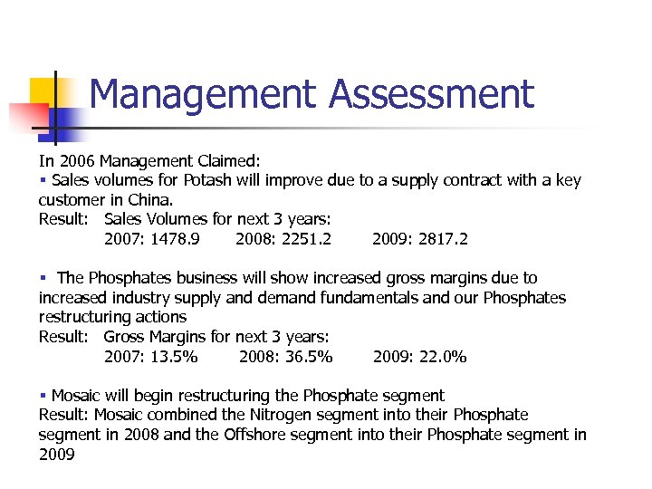 Management Assessment In 2006 Management Claimed: § Sales volumes for Potash will improve due