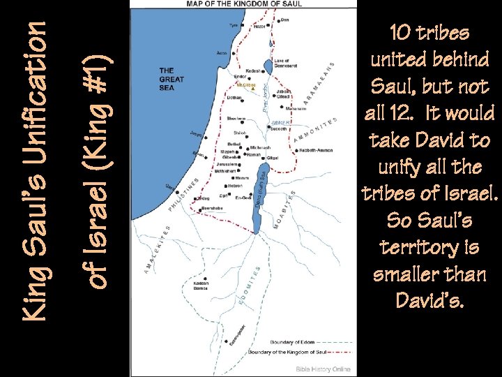 of Israel (King #1) King Saul’s Unification 10 tribes united behind Saul, but not