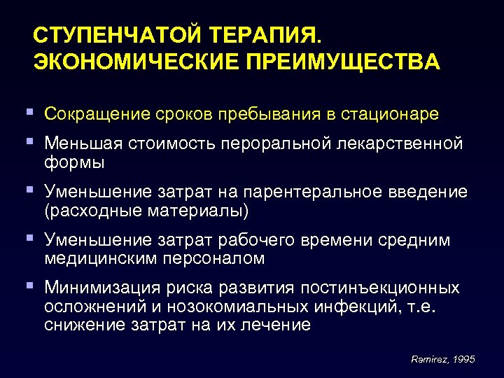 СТУПЕНЧАТОЙ ТЕРАПИЯ. ЭКОНОМИЧЕСКИЕ ПРЕИМУЩЕСТВА § Сокращение сроков пребывания в стационаре § Меньшая стоимость пероральной