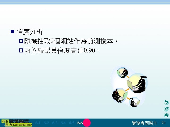 n 信度分析 p 隨機抽取 2個網站作為前測樣本。 p 兩位編碼員信度高達 0. 90。 　 6. 1　 6. 2　