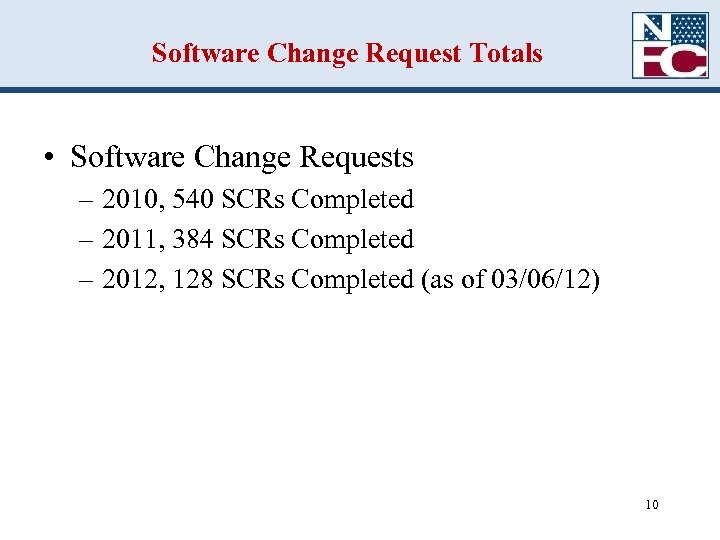 Software Change Request Totals • Software Change Requests – 2010, 540 SCRs Completed –