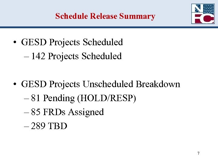 Schedule Release Summary • GESD Projects Scheduled – 142 Projects Scheduled • GESD Projects