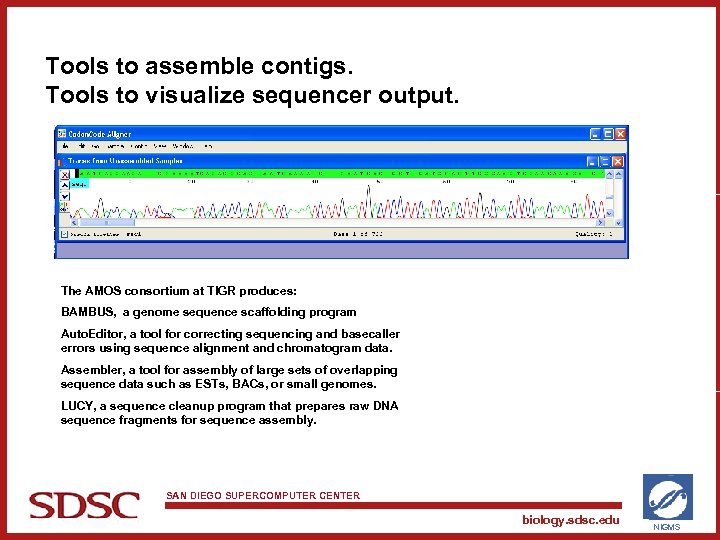 Tools to assemble contigs. Tools to visualize sequencer output. The AMOS consortium at TIGR