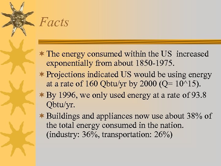 Facts ¬ The energy consumed within the US increased exponentially from about 1850 -1975.